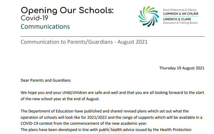 Communication to Parents – August 2021